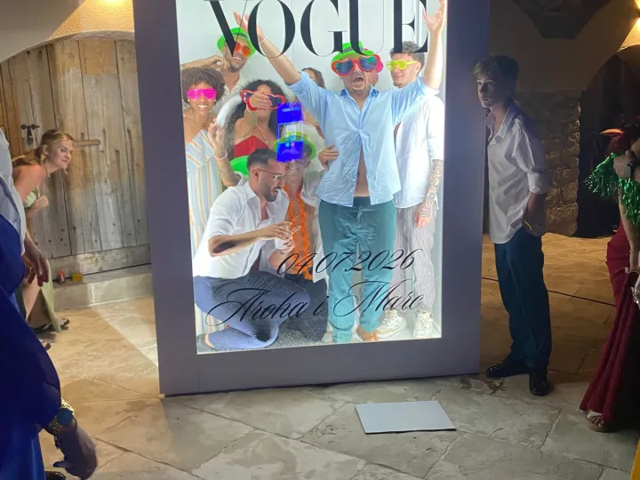 Group of guests with props in the Vogue photocall during the party