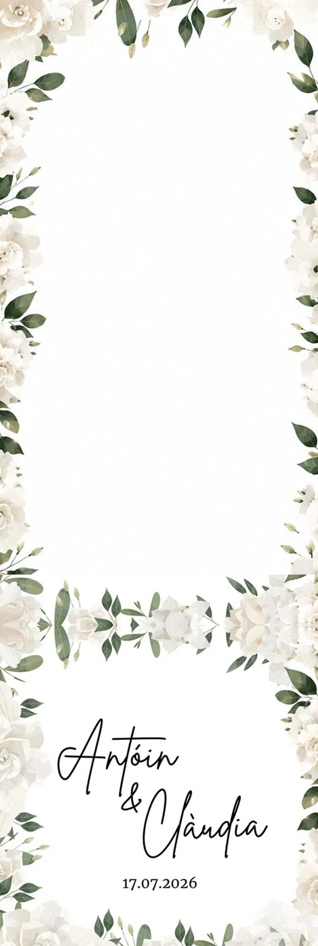 Plantilla de tira de fotomatón para boda con marco floral, nombres y fecha